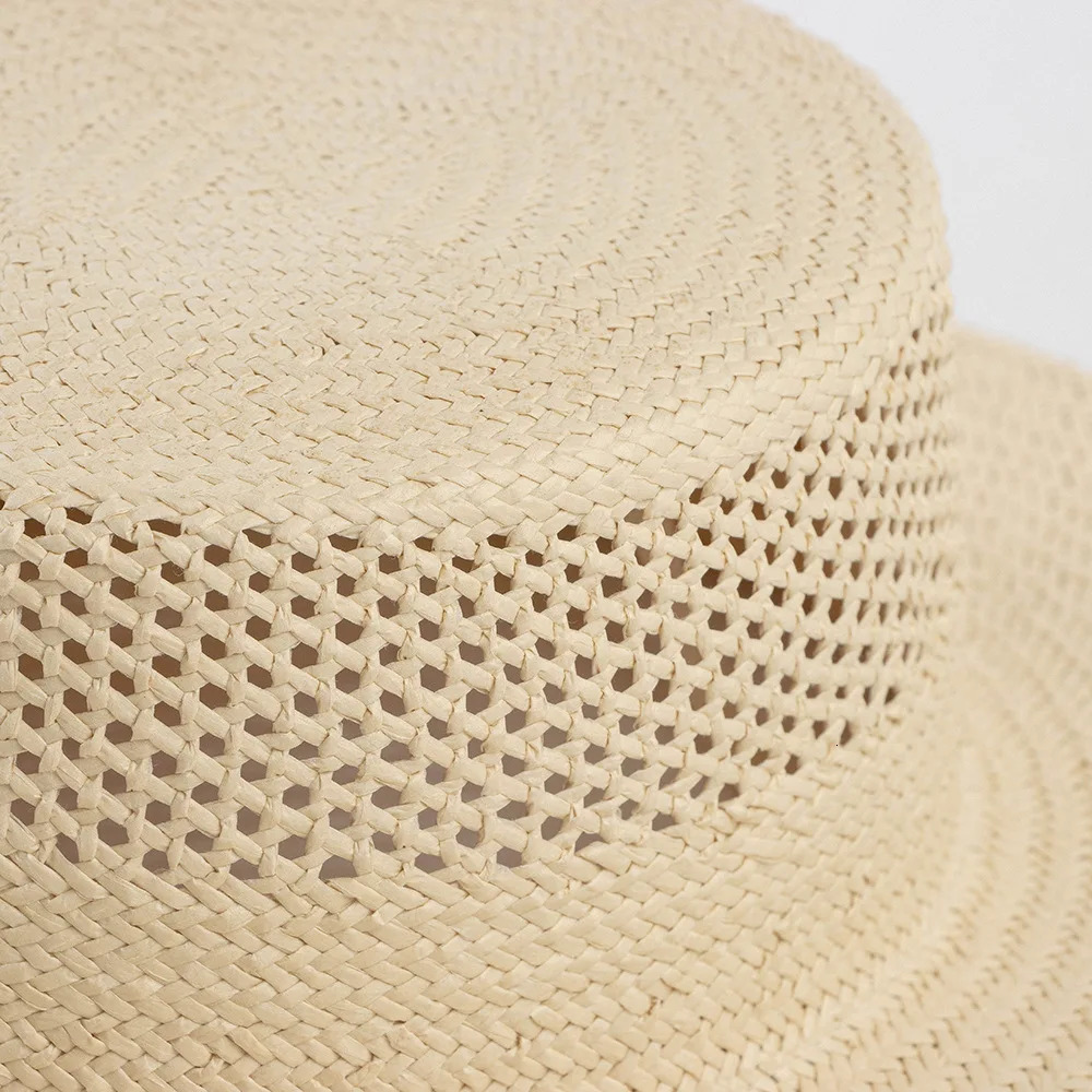 Fashion Women Beige Straw Fedora Hats Ladies Wide Brim Summer Hat Hand Woven Hollow Straw Sun Hat for Derby Travel Beach Hat 250409