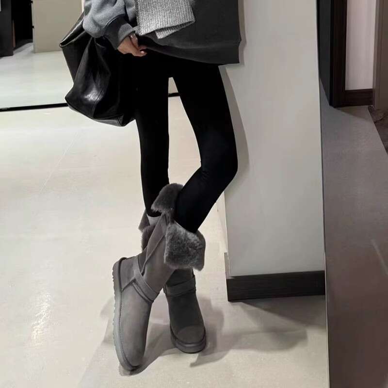 Woman Sandals Grey New Round Toe Boots With Flat Bottom And Plush Midsole Snow Fur Cotton Shoes For Women