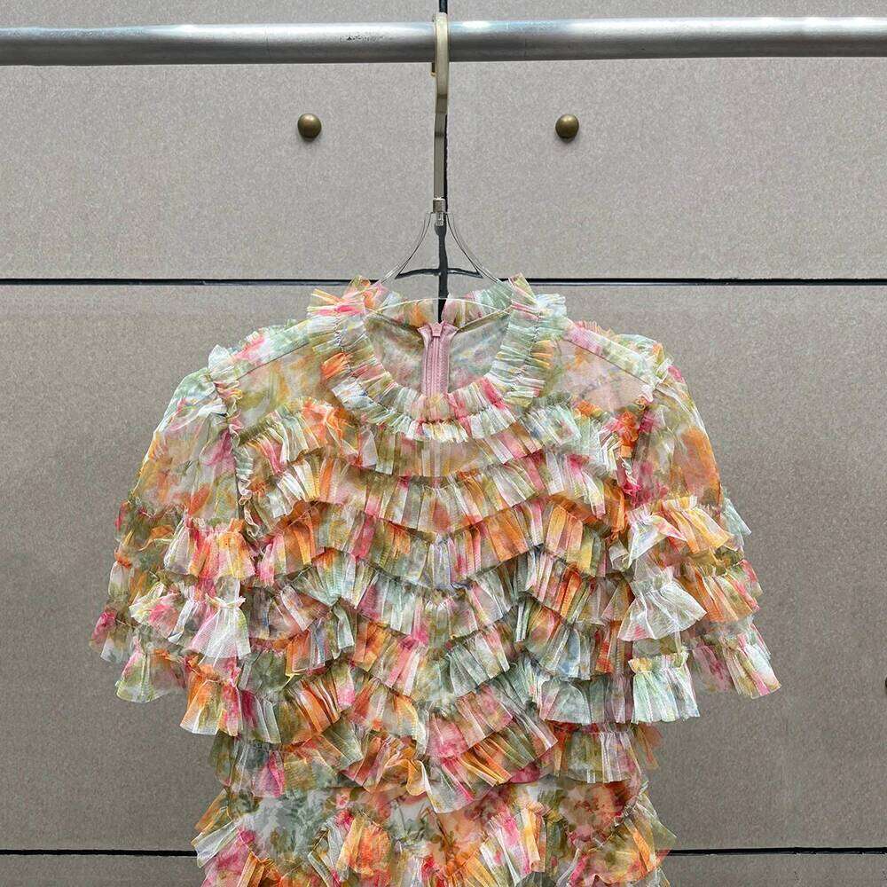 Layered Mesh Women's Y2k Fashion Printed Temperament Elegant Commuter Short Sleeve Round Neck Dress 2025 Summer New