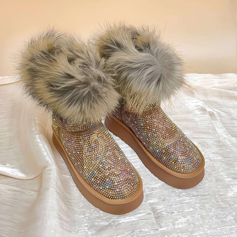 Women's Rhinestone Snow - Thick Sole Mid-Calf With Fluffy Trim, Glittery Round Toe Design, And Warm Insulation For Cold Weather, Winter Boots