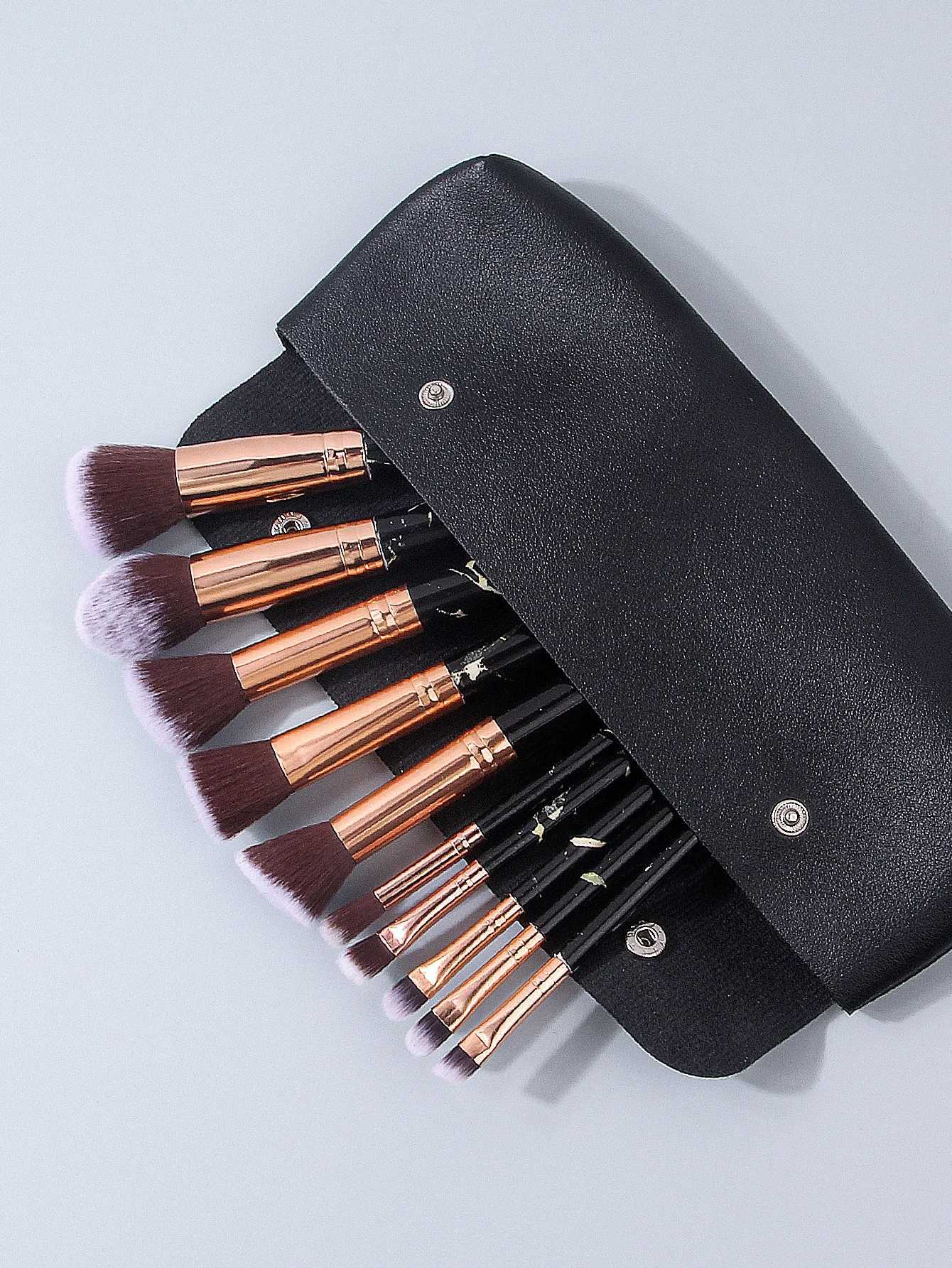 Professional marble-patterned makeup brush set 10 synthetic fiber makeup brushes4 makeup sponge powder puffsblack storage bag L251110