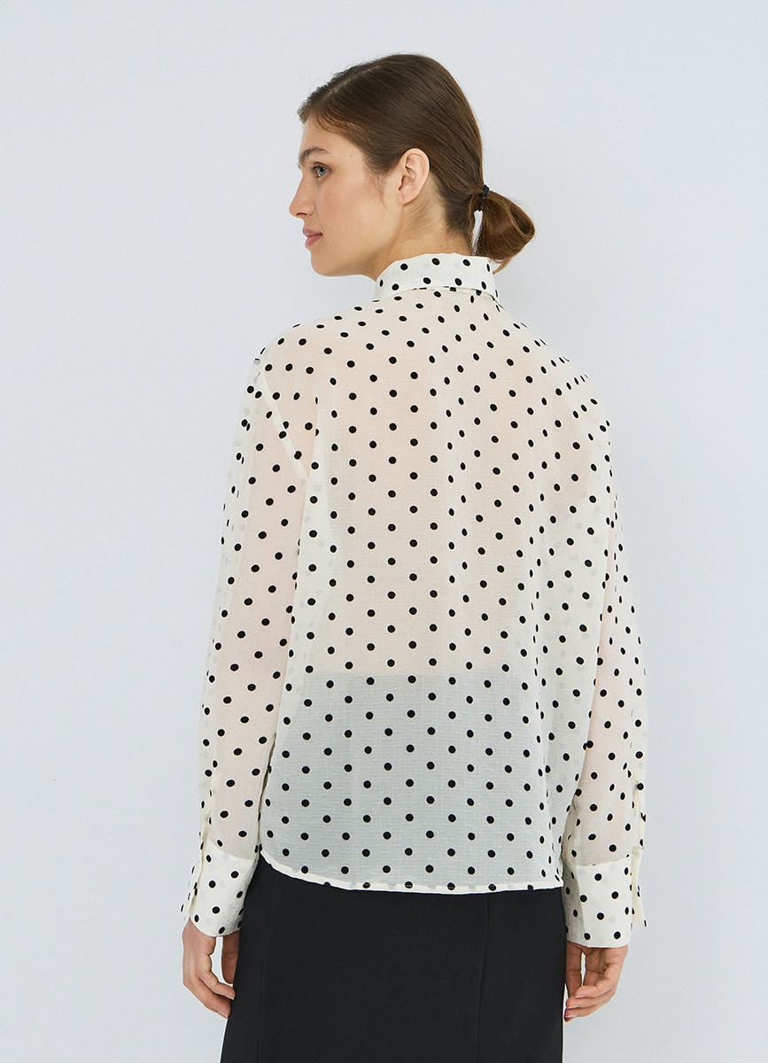 Women's White Black Polka Dot Bow Tie Collar Blouse, Long Sleeve Flock Print Shirt with Curved Hem