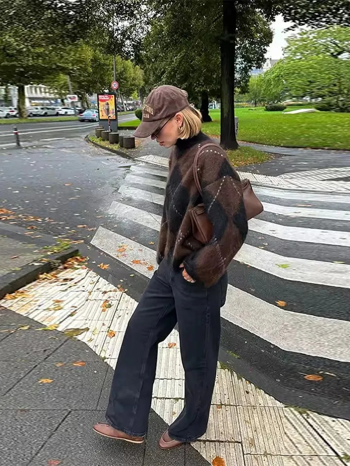 Brown Vintage Argyle Plaid Knitted Dress Sets Women Causal Turtleneck Loose Sweater Knit Mini Skirts Set Winter Knitwear 251110