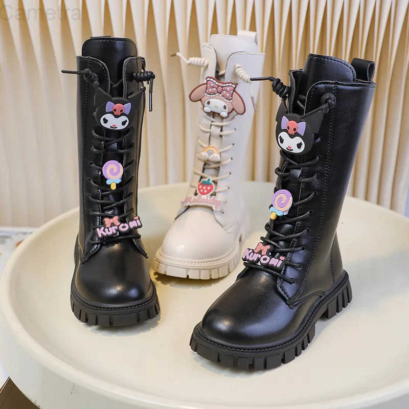 Sanrio New Fashion Cartoon Children Shoes Kuromi Girls Long Leather Boots Soft Soled Winter Kids Plus Velvet Cotton Shoes Kawaii H251110