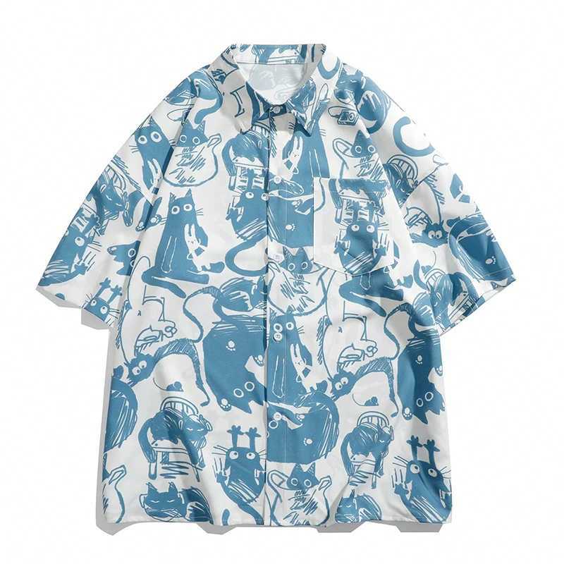 Mens Summer Casual Cartoon Full Print Knitted Shirt Personalized Street Comic Style Short Sleeve Top X250410
