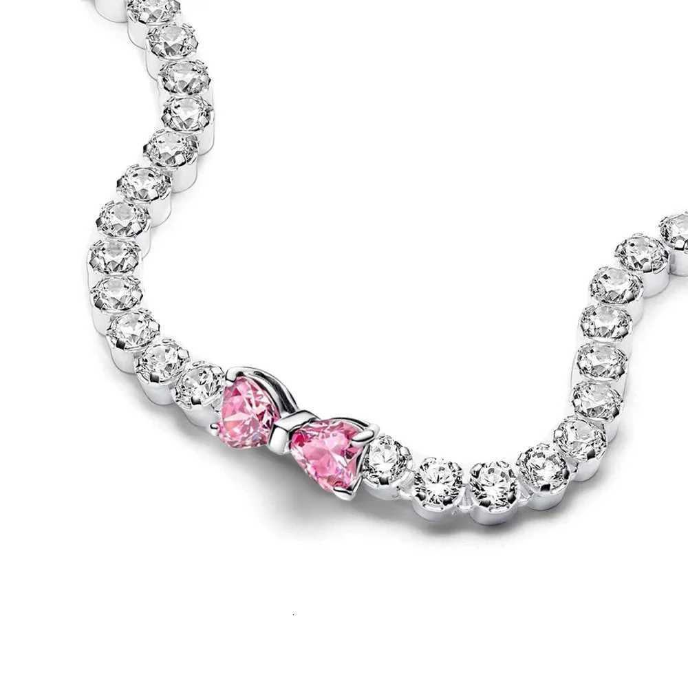 2024 New 925 Silver Pink Bow Full Diamond Bracelet Original 17-20CM Fit DIY Charm Women Birthday Jewelry Valentines Day GiftsT251110