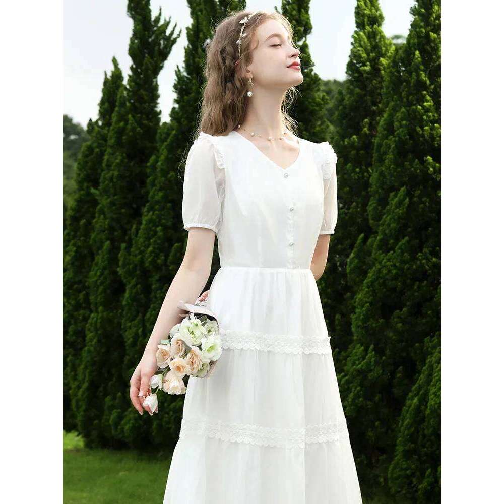 I BELIEVE YOU Summer Vintage White Women Fashion 2025 French Puff Sleeve V Neck Elegant Edible Tree Fungus New Tea Dress