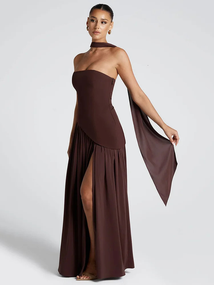 Mozision strapless sexy long dress womens dress patch work scarf collar high score style club party long dress 250409