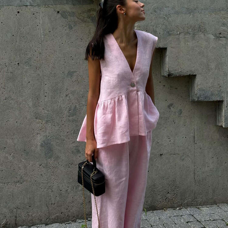 2025 Cross-Border V-Neck Sleeveless Top Vest Long Pants for Women European and American New Style Solid Color Elegant Commuter Two-Piece Set