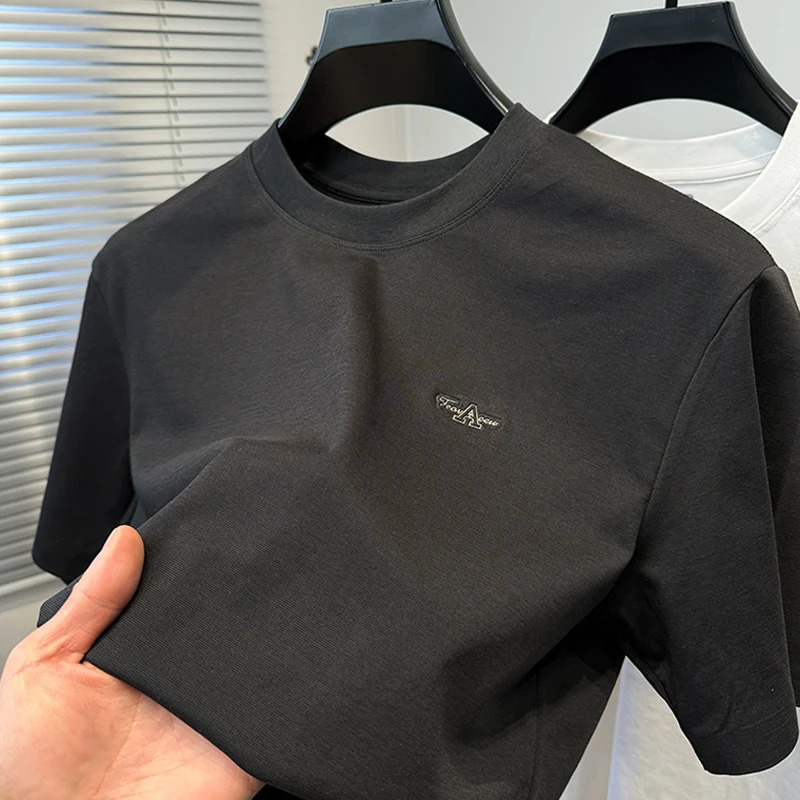 summer mens T-shirt trend letter embossed silk cotton short sleeve comfort elastic quick drying round neck T-shirt 250410