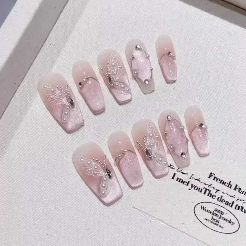 0Pcs Blue Handmade Acrylic Nail Set Pressure Machine Professional Full Set Nail Tip Manual Operation Angel Rose Design Wearable Fake Nails W250410