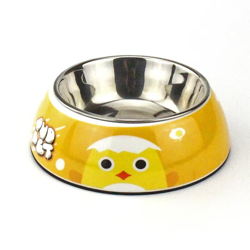 H1373 Direct supply of stainless steel pet food bowls with non-slip bases and cute cartoon prints. Wholesale dog and cat dining bowls.