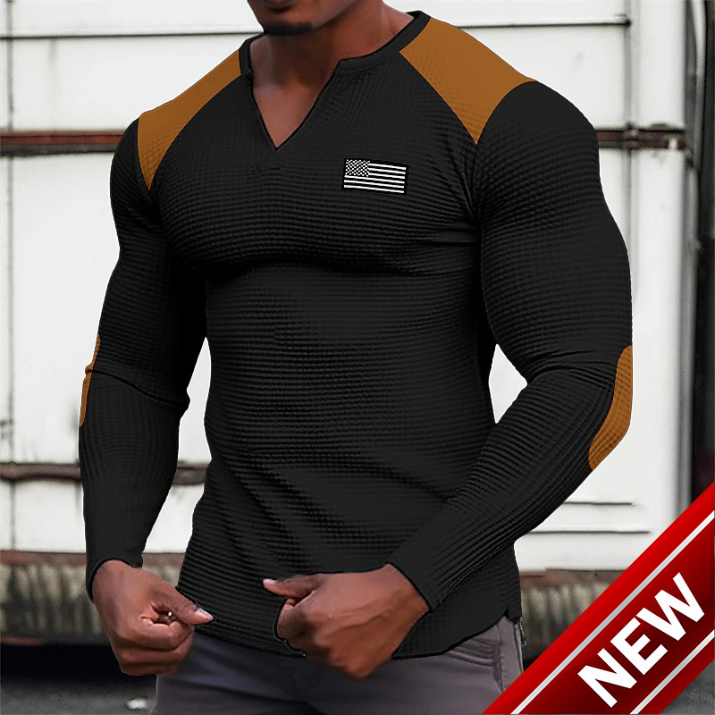Spring and Autumn Mens Waffle V-neck T-shirt Top Holiday Long Sleeve Casual Fashion
