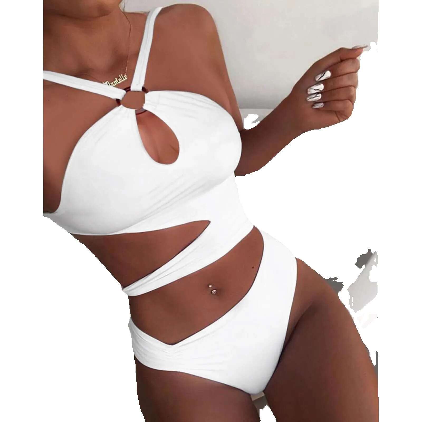 Sexy camisole irregular bikini set bra push up pad white thin leg high cut buckle design swimsuit