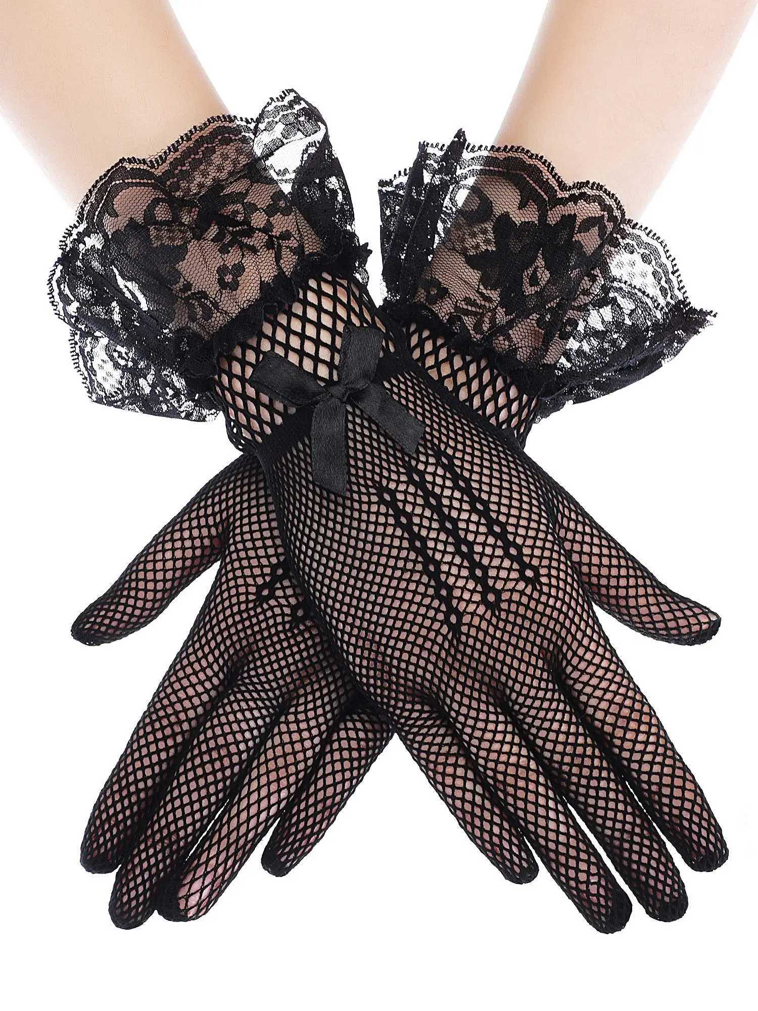 Bridal Mesh Gloves Short Full Finger Lace Trim Wedding Gloves Wrist Length Tea Party Gloves for Women and Girls L251110