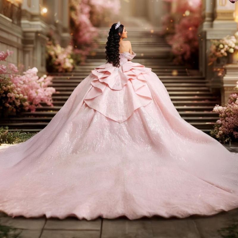 Light Pink Shiny Quinceanera Dresses Ball Gown Off The Shoulder Applique Lace Beading Crystal Bow Tull Corset Tull Party Birthday Sweet 16 Dress Vesti