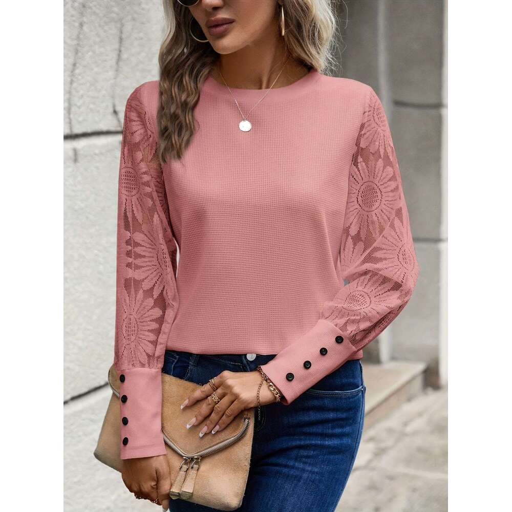 2024 Autumn Hot-Selling European and American Foreign Trade Amazon Solid Color Long Sleeve Embroidered Lace Patchwork Waffle Round Neck Top