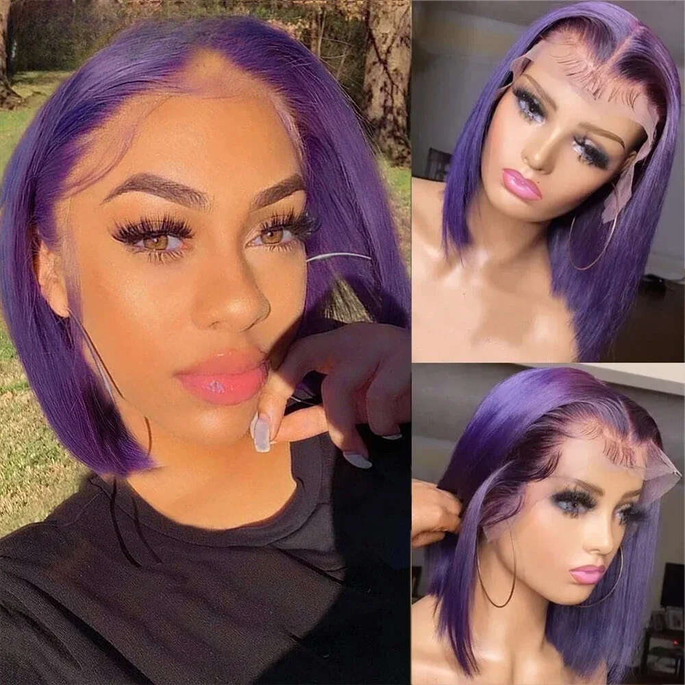 Hair Wig - Purple Short Straight Bob With T-Part Front, 13X5x1 Lace Area, 100% Remy Hair, No Glue Needed, Comfortable &