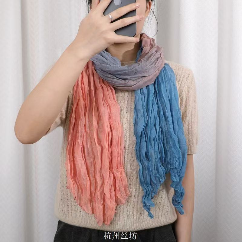 T447 pleated contrast color cotton and linen scarf thin warm gradient color silk scarf literary retro versatile shawl neck