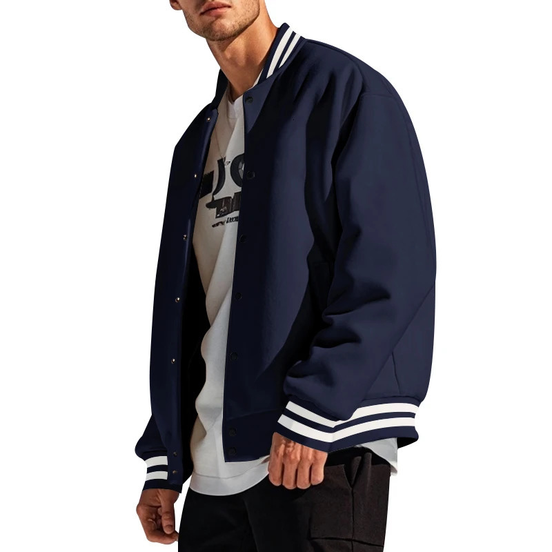 Mens baseball jacket with stand up button flight monochrome loose casual American sport autumnwinter 250401