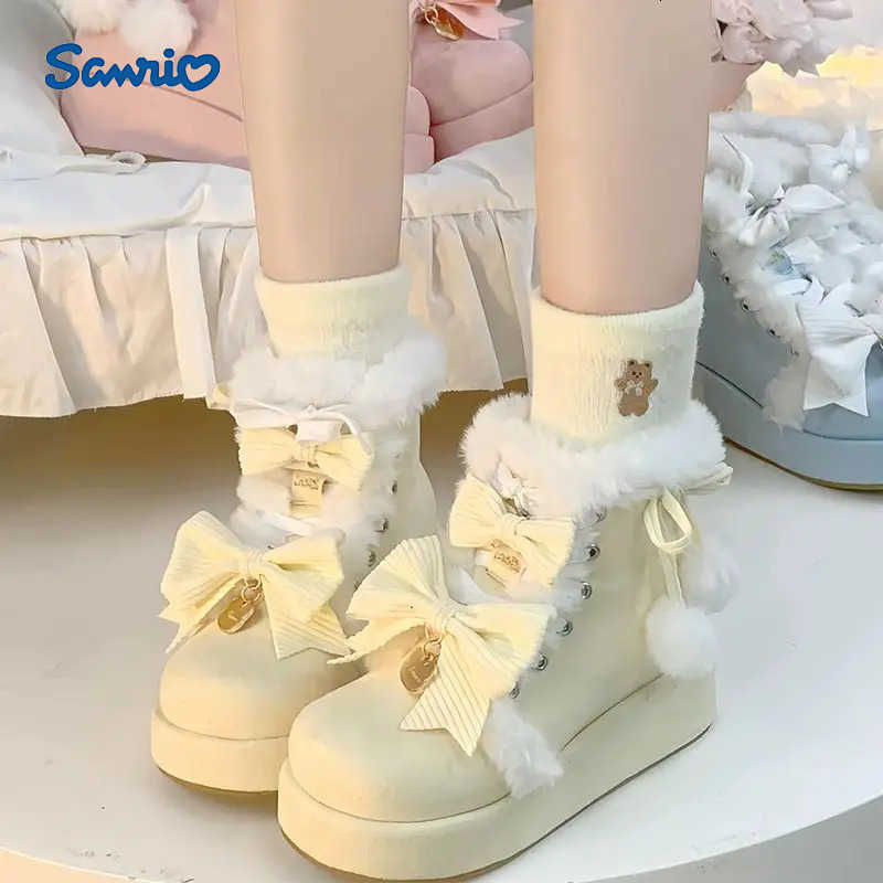 Sanrio Lovely Girls Lolita Winter Warm Snow BootsStudents Sweet Plush Bowknots PU Leather Lace Up Heightening Mid-Calf Platform Shoes H251110
