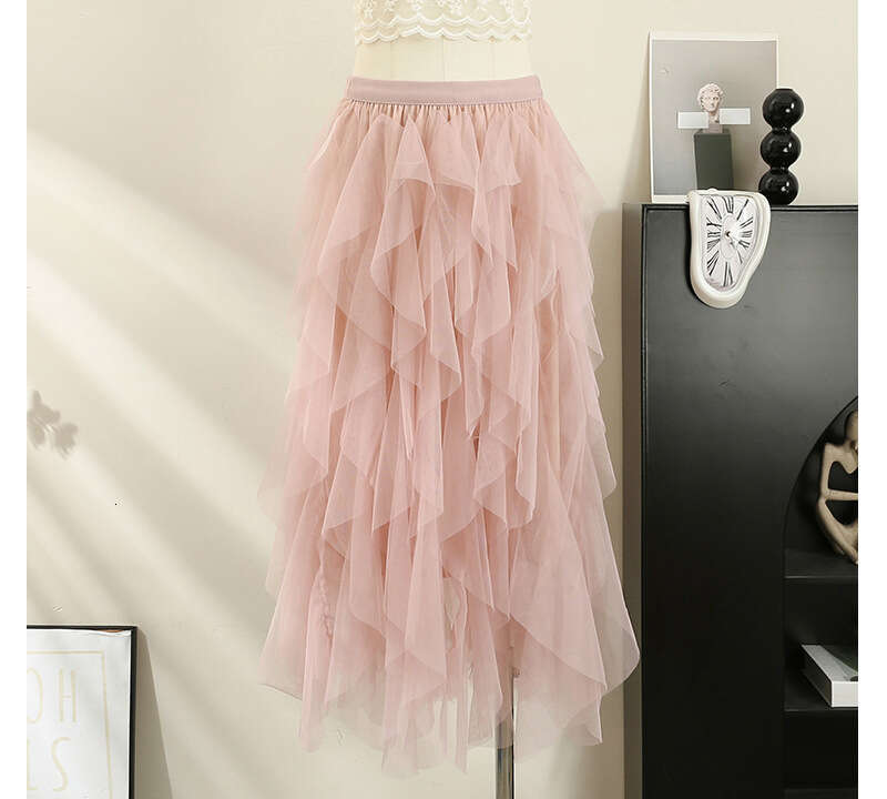 Irregular Mesh Half Spring Summer Autumn Versatile Commuting High Slimming Elastic Waist A-line Mid-length Skirt for Women