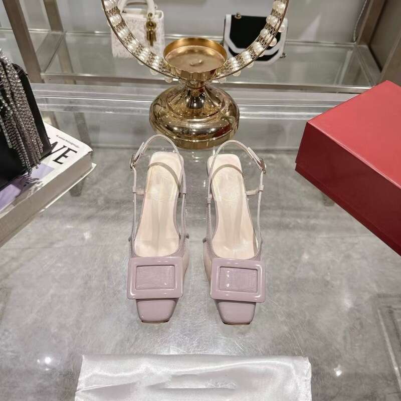 2025 New Version Chunky Color Block Metal Buckle Closed Square Toe Mesh Backless High Heel Sandals Patent Leather Women