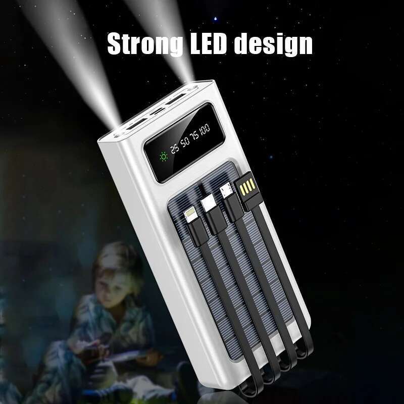 2000000mAh Solar Portable 4 Built-in Cables External Battery LED Light Power Bank For Xiaomi Samsung
