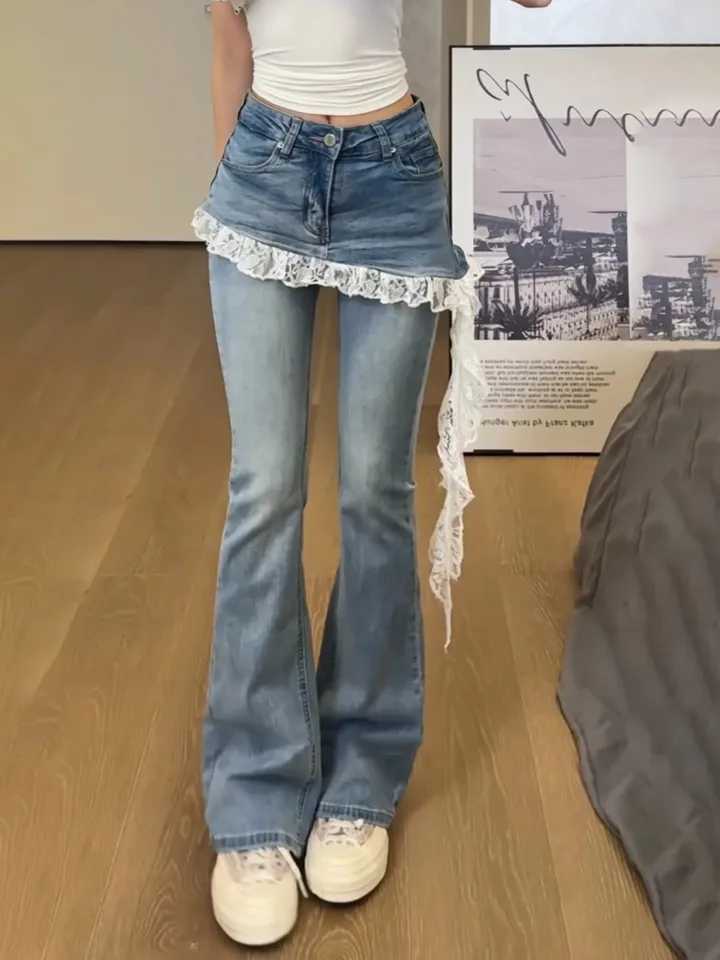 Fake Two Lace Splicing Flared Jeans for Womens Early Autumn 2025 New Style High Waist Denim Pants C251110