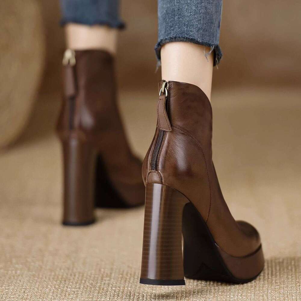Woman Sandals Brown Leather High End Pointed Scalp With Sole Short Boots Super High Heels Thick Heel Back Zipper Fashion Boots For Women