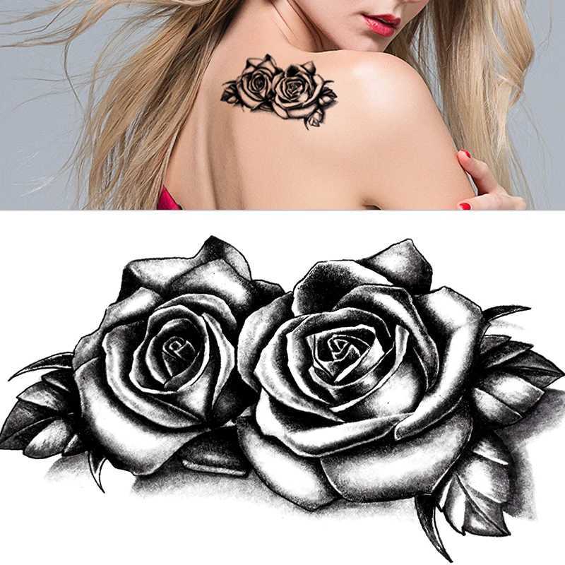 Waterproof Double Rose Temporary Tattoo Sticker Paper Flower Rose Sparkling Sexy Fake Black Rose Tattoo Body Art Arm Fake Sleeve Tattoo W250410