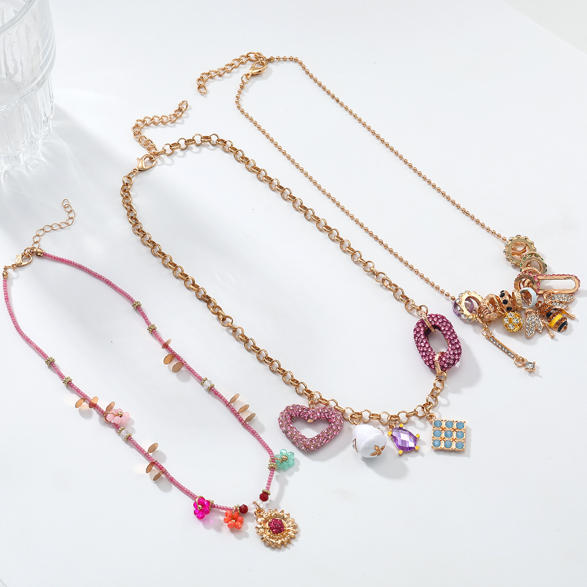 3 Piece Set Of Water Droplet Shaped Heart Shaped Necklace Multi Layer Geometric Necklace Autumn Style Diamond Inlaid Animal Pendant Collarbone Chain