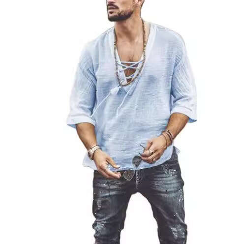 2025 New European and American Style Wish Amazon Hot Men's Chest Tie Eyelet Short Sleeve T-Shirt Shirt