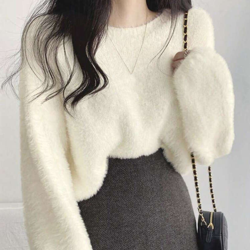 European and American Cross-Border Imitation Mink Fur Sweater for Women 2024 New Autumn Winter Round Neck Pullover Lazy Style Long Sleeve Knitted Top