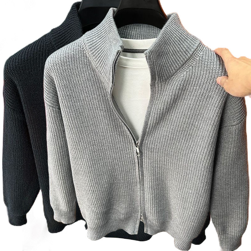 Men's turtleneck zipper knitted cardigan autumn and winter loose texture sweater jacket casual trend all-match solid color outer clothes