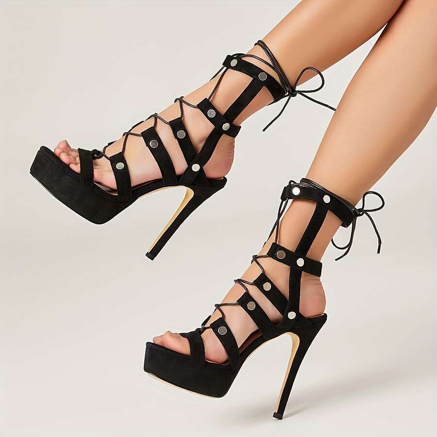 Elegant Black Lace-Up Sandals With Ankle Straps, Open Toe, And Rivet Embellishments - Sexy High Summer Comfort, Rubber Sole, Microfiber Inner, Perfect