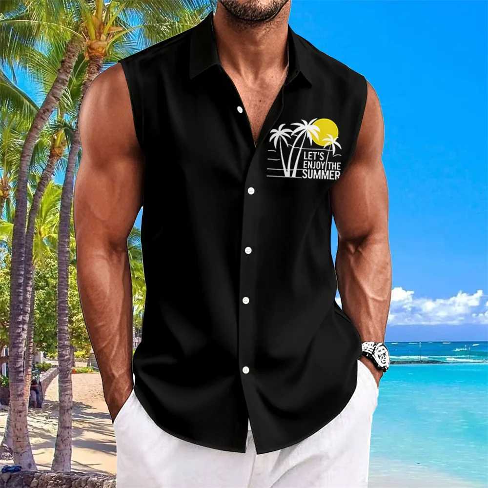 Summer casual mens shirt sleeveless lapel shirt button up beach vacation quick drying Hawaiian shirt mens oversized mens clothing X250410