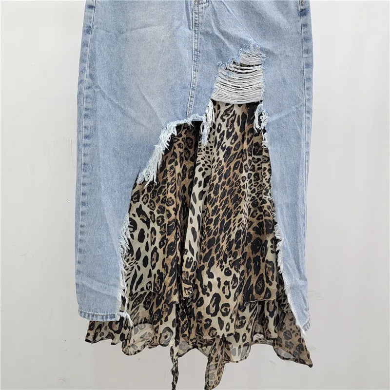 Womens denim skirt patch work leopard print irregular Aline high waisted long autumn fashion 250410