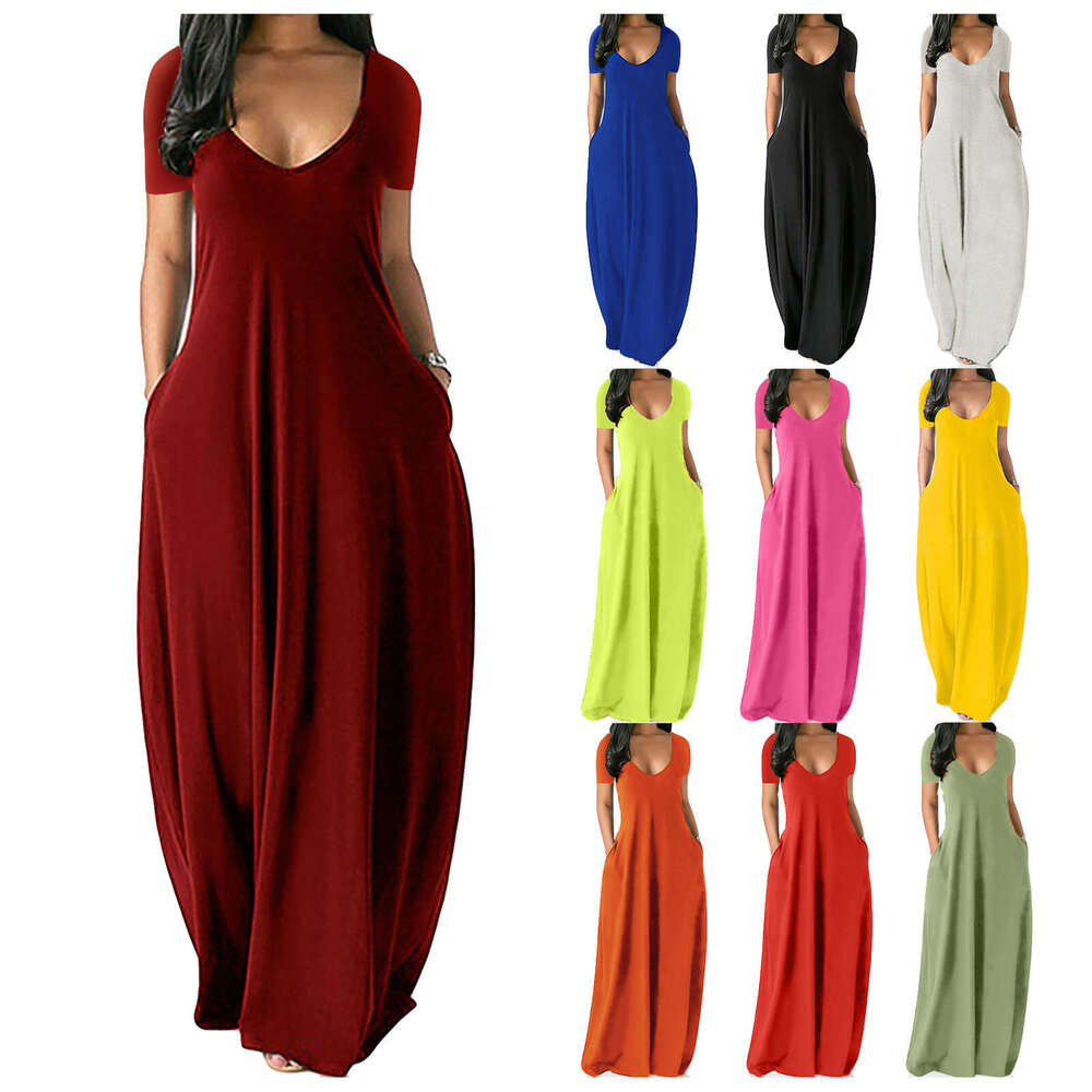 2023 European and American Summer New Amazon Hot Sale Plus Size Women's Solid Color Sexy Deep V Short Sleeve Long Dress with Pockets