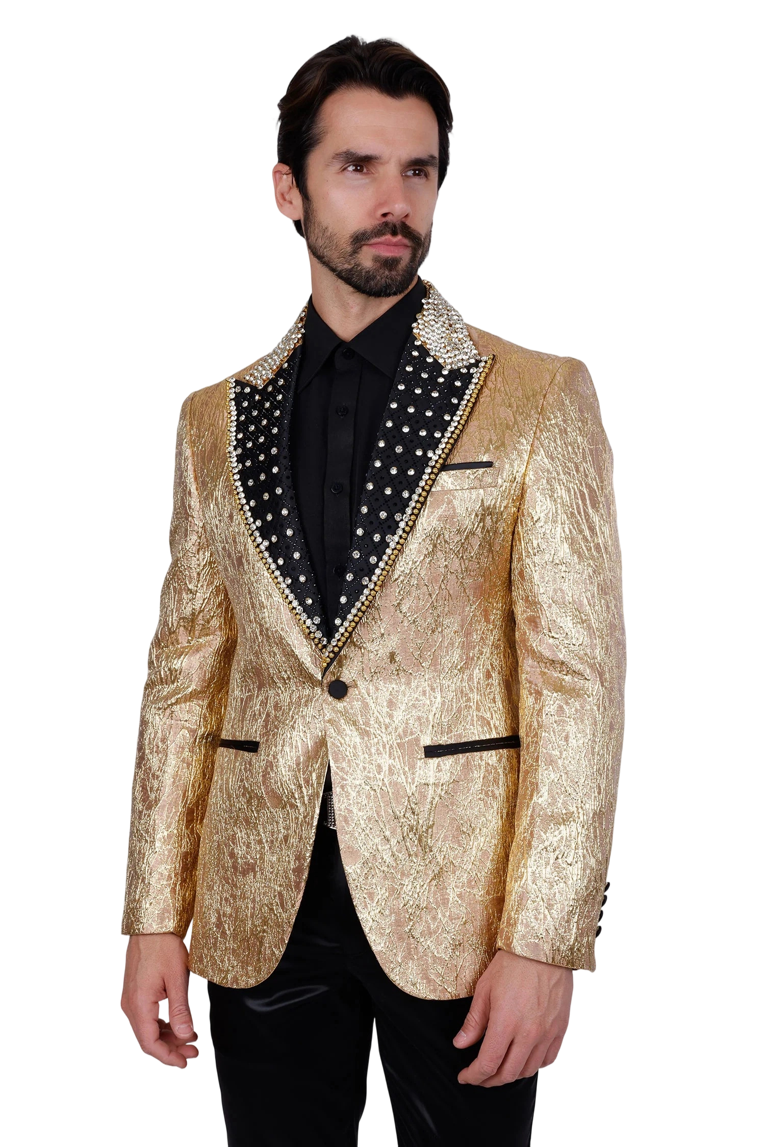 Unique Men's Jacket Rhinestone Blazer Two Pieces Set Peaked Lapel One Button Beading Shiny Coat Flat Customized Jacket+Black Pants Plus Size