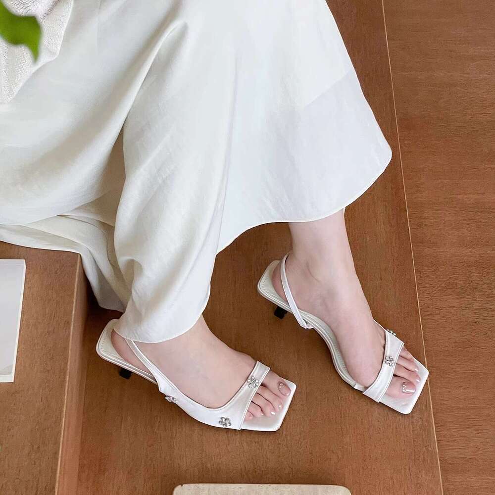 Pink Square Toe Rhinestone sling back Sandals for Women 2025 Designer Shoe Fall Fashion Comfortable kitten heels