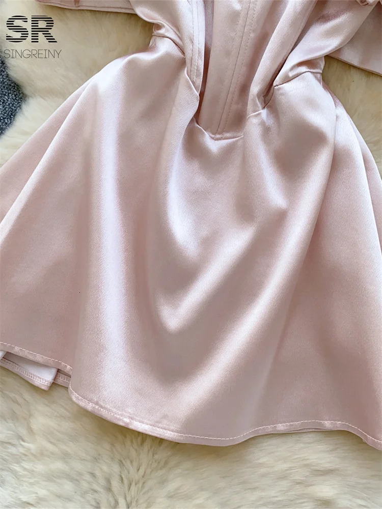 SINGREENY Birthday Party Satin Dress Womens Sleeveless Shoulder Zipper Body High end Sexy Fashion Bow Mini Dress 250403
