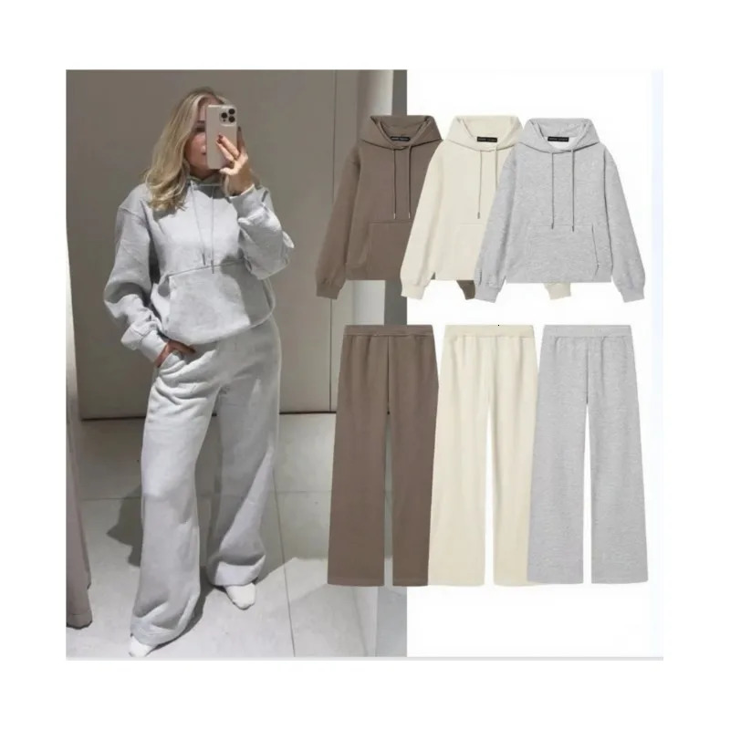 NERHEFZ Women Plush Pants Set Long Sleeve Vintage Basic Hoodie Wide Leg Trousers Outfit 251110