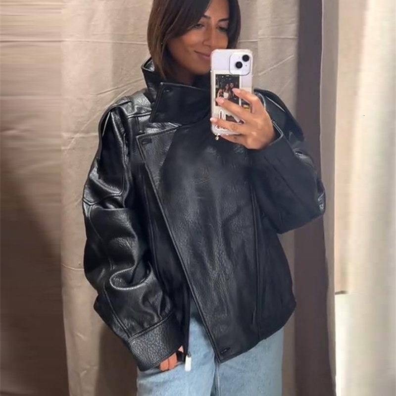 Street Stand Collar Womens Leather Jacket Loose Long Sleeve Zipper Pockets Chic Female Coats Autumn Winter Lady Outerwear 251105