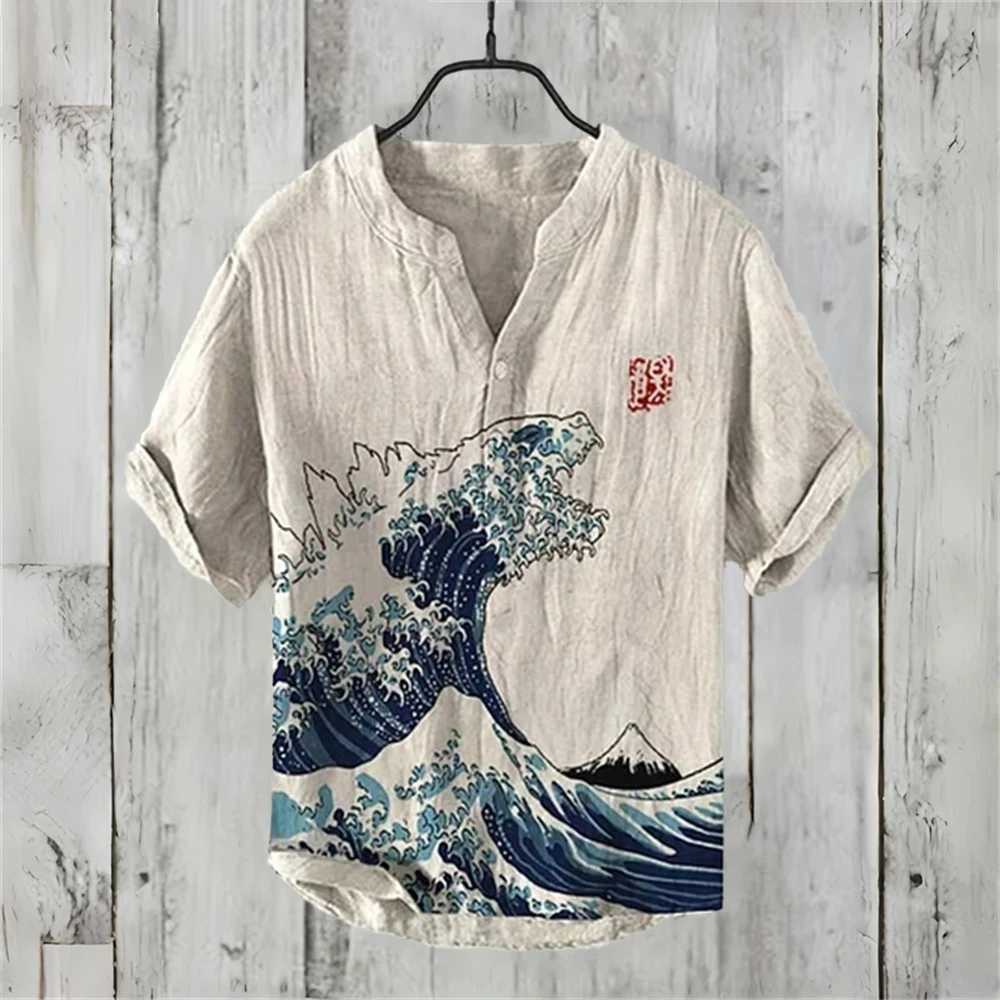 Summer mens short sleeved shirt linen printed shirt European and American popular elements octopus printed shirt X250410