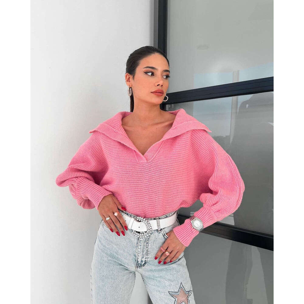 2024 European American autumn and winter popular lazy loose lantern sleeve pullover women's short sweater