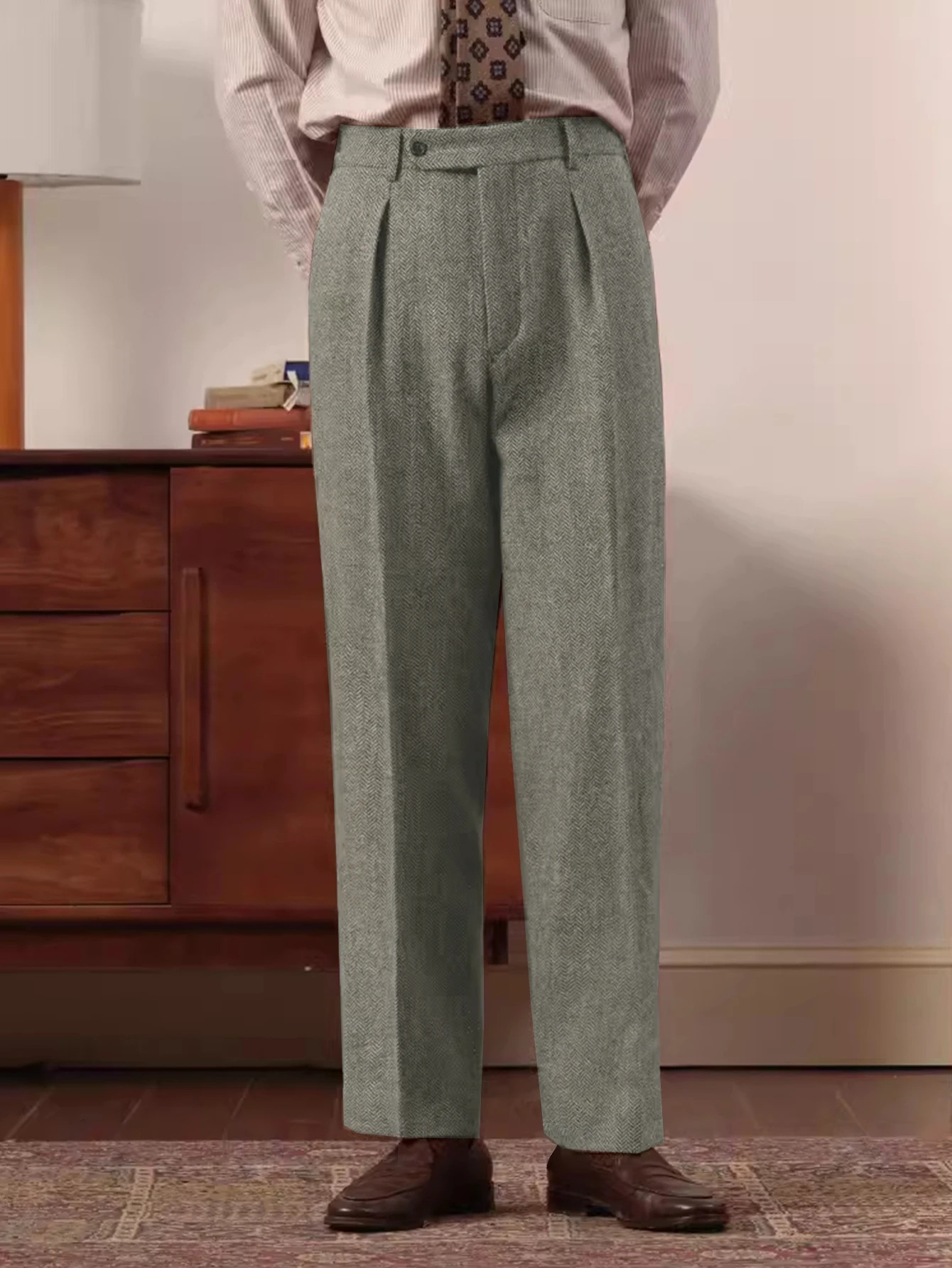 Fall Winter Elegant Italian Neapolitan Tweed Fabric Mens High Waist Straight Leg Suit Pants with Button Pleats And Check Pa 251110