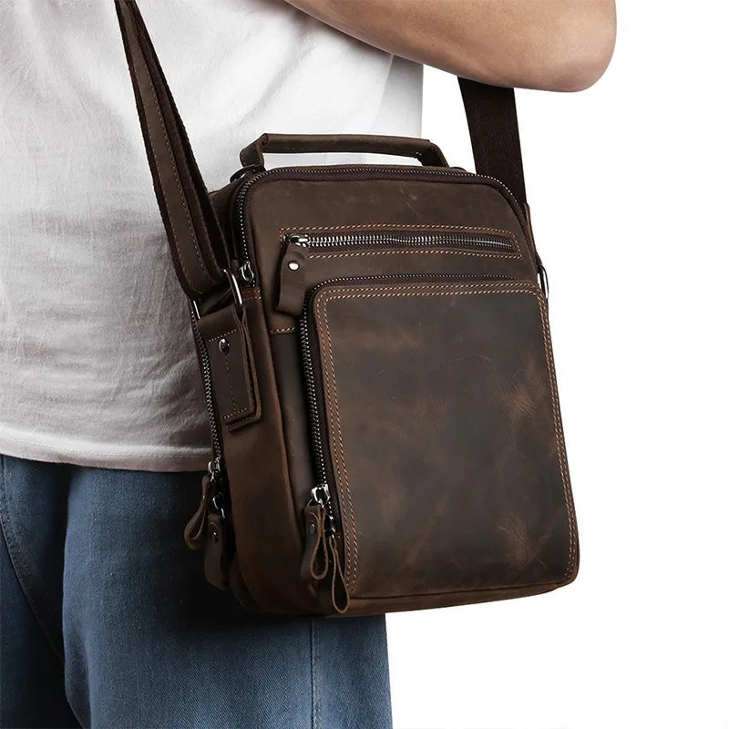 Mens Genuine Leather Shoulder Bag Retro Cowhide Casual Crossbody Backpack Large Capacity Multifunctional 251110