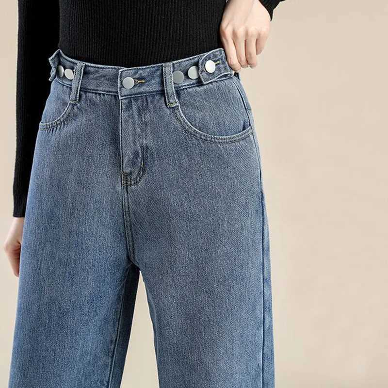 Winter Lady Solid Plush Thermal High Waist Jeans Girls Snow Warm Fleece Denim Pants Women Baggy Straight Leg Casual Trousers C251110