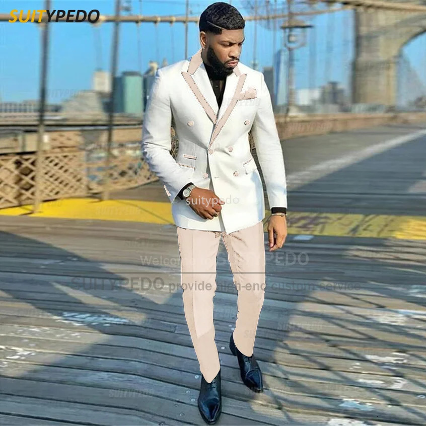 Fashion White Men Suits Slim Fit Double Breasted Blazer Pants 2 Pieces Tailor-made Business Party Wedding Tuxedos for Men 250409